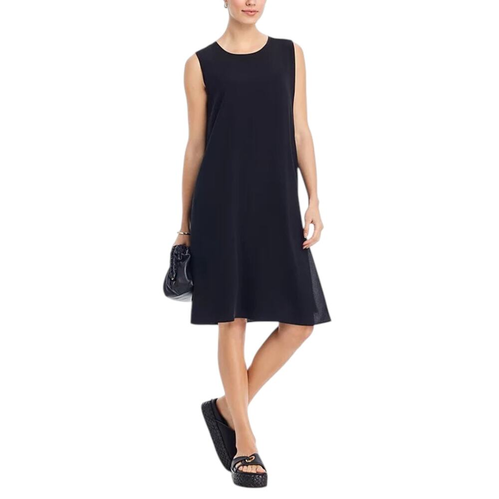 Eileen Fisher | L | 100% Silk Black Overlay Jewel Neck Sleeveless Midi Dress